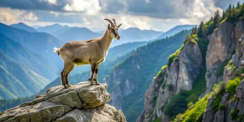 Mountain goat standing on rocky cliff in the mountains, mountain, goat, wildlife, nature, wilderness, rocky