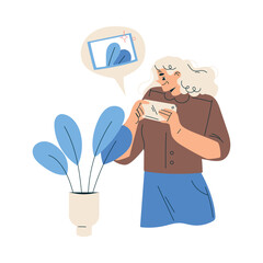 New Technologies with Senior Woman Character with Smartphone Take Photo Vector Illustration