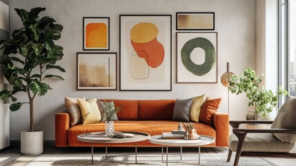 Modern Living Room with Orange Sofa and Abstract Art