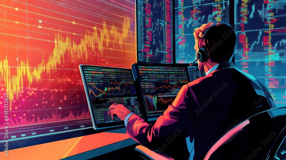 Poster Man Working on a Computer with Data and Graphs Displayed on the Screen
