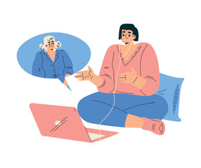 New Technologies with Woman Character at Laptop Have Video Call Vector Illustration