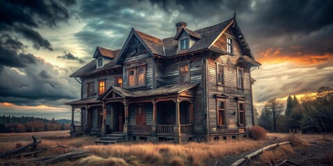 Naklejka premium Spooky abandoned house with old wooden structure and eerie atmosphere, perfect for horror themes or haunted settings, haunted