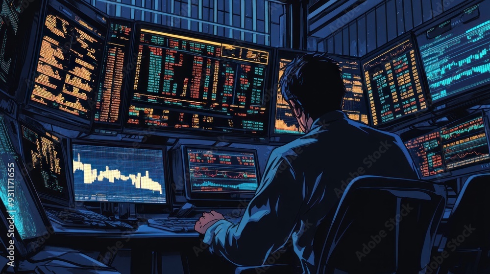 Poster A Man Working Late at Night in a Dark Room Surrounded by Computer Screens Filled with Data