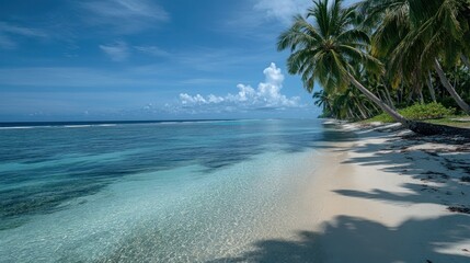Tropical Beach Paradise: Idyllic Shoreline with Crystal Clear Waters and Lush Palm Trees