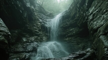 Water cascading down a narrow rocky canyon