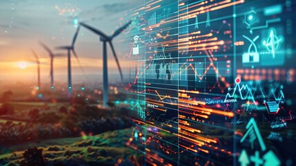 Fototapeta premium A digital graphic shows an electric utility bill with renewable energy sources and carbon footprint savings displayed prominently 