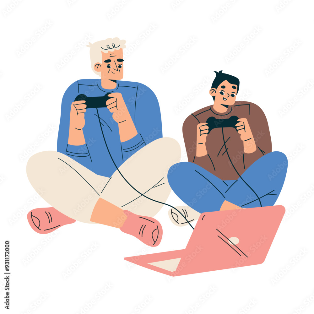 Poster new technologies with grandfather with kid character play computer game with gamepad and laptop vect
