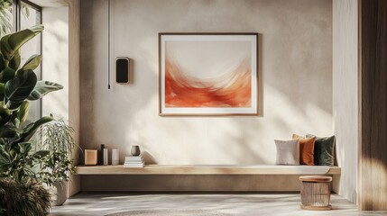 Modern Minimalist Interior Design with Wooden Bench and Abstract Artwork
