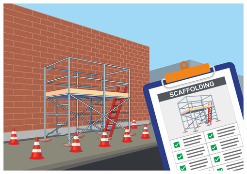 Vector illustration of completed and proper scaffolding installation safety inspection checklist. Paper board holder with green checkmark. Allowed to use document.