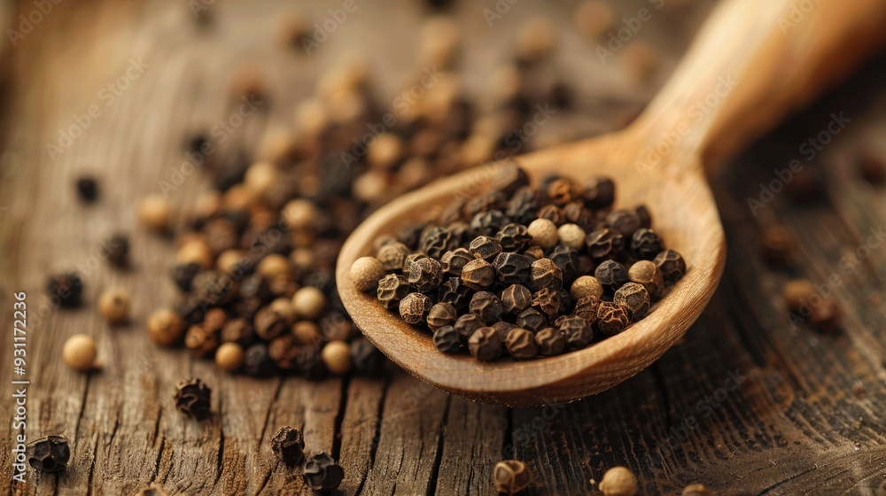 Poster pepper seeds on wooden spoon on table