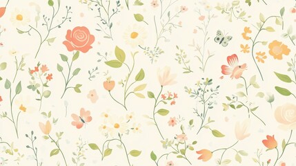 A floral pattern featuring various colorful flowers and leaves on a light background.