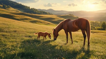 Fototapeta premium Horses Grazing in Golden Meadow