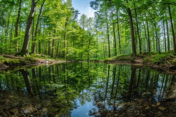 Obraz premium Lush green trees surround the pond