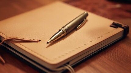 A  Silver Pen Resting on a Brown Leather Notebook
