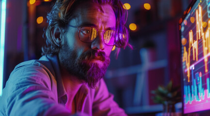 Man illuinated by neon light from a computer screen, created with Generative AI technology