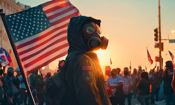 African american man in gas mask holding united states flag in a protest against racism with multiethnic group of people in the street