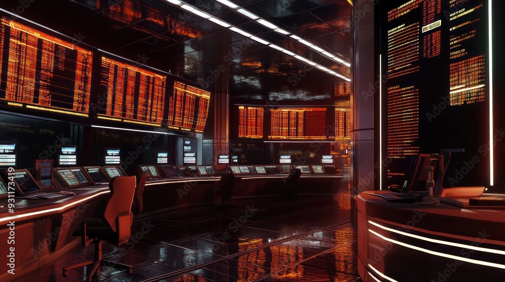 Poster futuristic control room with monitors and red lighting
