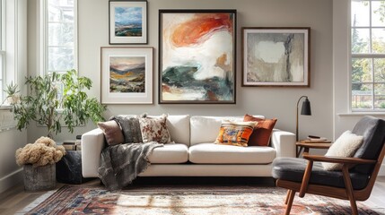 Living Room Interior with White Sofa and Artwork