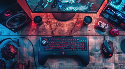 wide banner background image with gamer console workplace table with Pc computer screen and accessories in neon light effects 