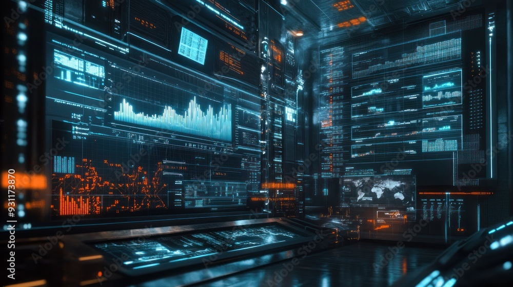 Poster Futuristic Control Room with Digital Displays and Interfaces