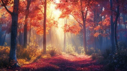 Sunbeams Through Autumn Forest Path