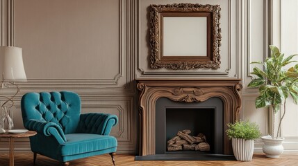 Ornate Fireplace and Blue Velvet Armchair in a Luxurious Room