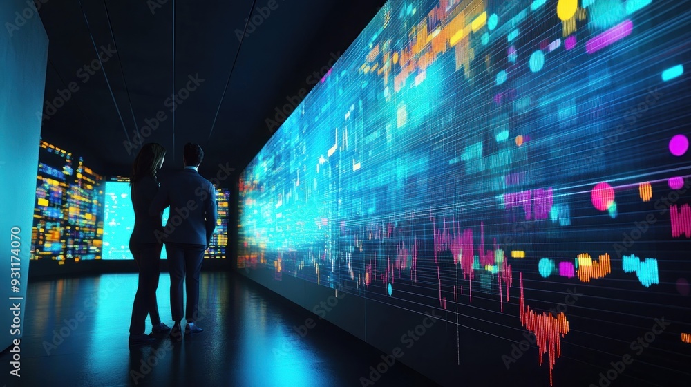 Poster two silhouettes standing before a wall of data visualizations