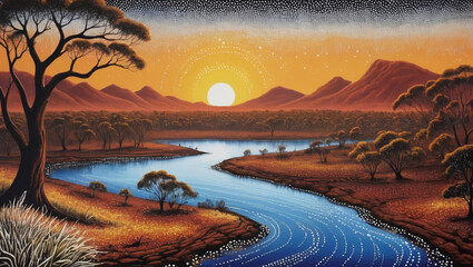 Australian Aboriginal dot painting style art landscape with river