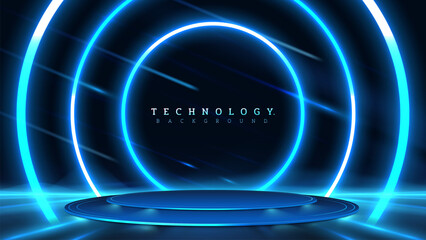 Futuristic empty podium sky blue on blue background with neon light effects with bokeh decorations. Luxury scene design concept.