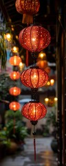a group of lanterns from a building. 
