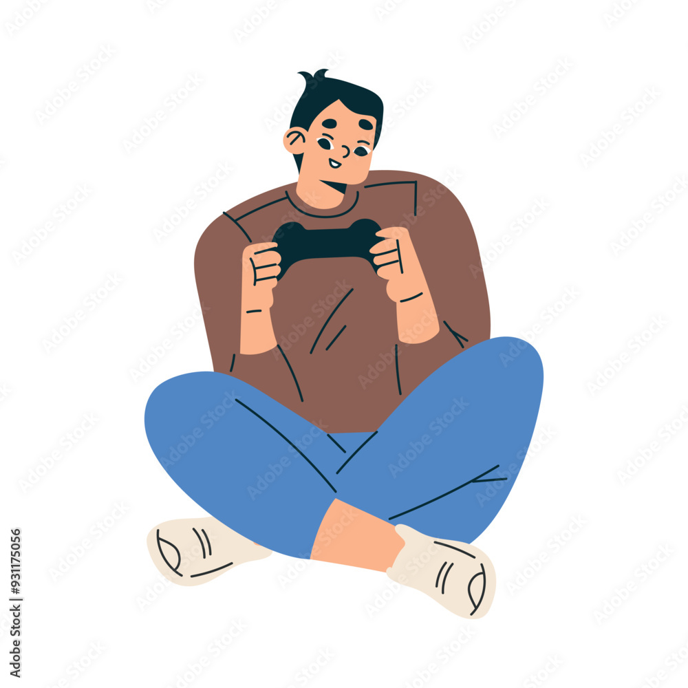 Poster new technologies with boy character with gamepad play video game vector illustration