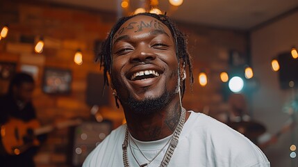 Fototapeta premium Smiling musician performing live in an intimate venue with warm lighting