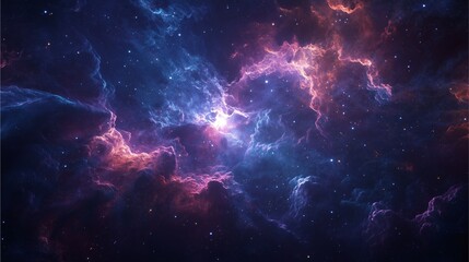 Fototapeta premium Vibrant interstellar nebula with glowing pink and blue clouds in deep space.