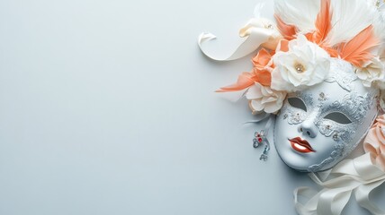 Playful arrangement of white masks with feathers, ribbons, and jewels.