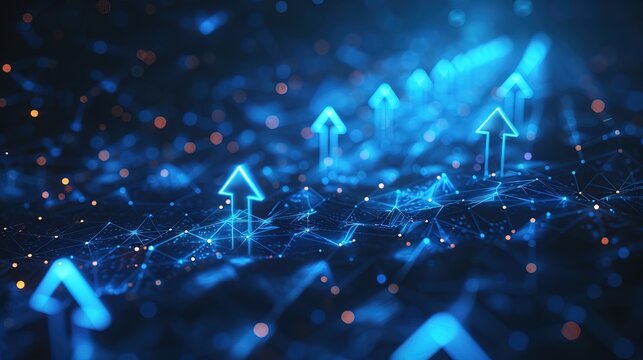 Diagonal stream of growth Up arrows in blue futuristic style on dark technology background with glowing dots or stars. Low poly wireframe high-speed arrows that are flying up