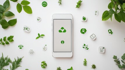 Smartphone surrounded by green leaves and icons depicting eco-friendliness and sustainability, symbolizing environmentally conscious technology or green apps.