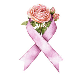 Fototapeta premium watercolor illustration of A beautiful rose entwined with a pink ribbon, symbolizing love, support, and awareness. isolated on a white background.