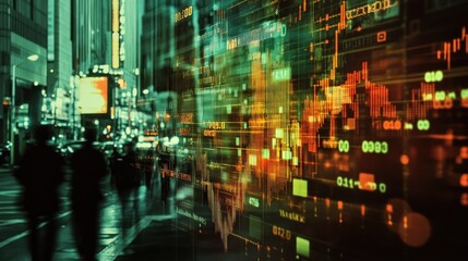 Naklejka premium Blurry Cityscape with Financial Data Display Reflected in Window