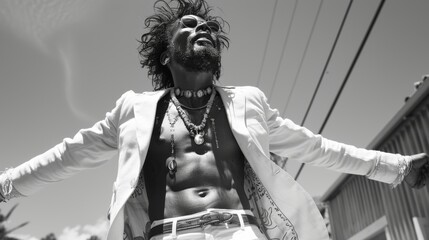 Man celebrating joy in a sunny outdoor setting with expressive gestures and unique fashion style