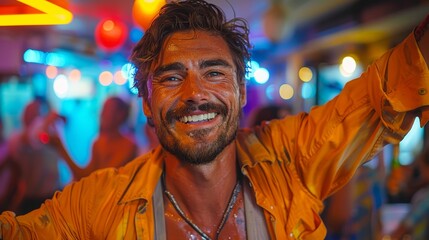 Obraz premium Young man smiles brightly in vibrant party atmosphere with colorful lights and lively crowd at night