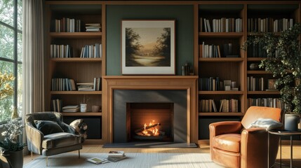 Cozy Living Room with Fireplace, Bookshelves, and Comfortable Seating