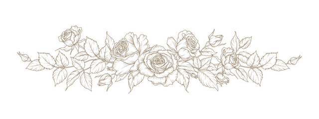 Elegant Flower bouquet. Hand drawn Rose flowers,  leaves and branches in line art style. Vector Floral vintage illustration for tattoo, wedding invitation, save the date, card, greeting, wallpaper