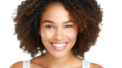 Beauty portrait of African American girl with afro hair on transparent background. Cosmetics, makeup and fashion.