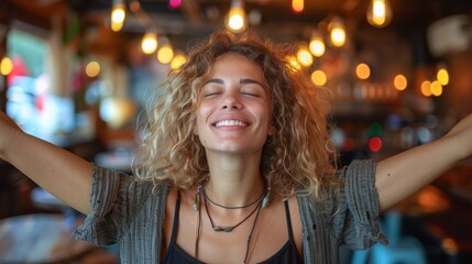 Fototapeta premium Woman with curly hair joyfully embracing life in a cozy cafe during the evening