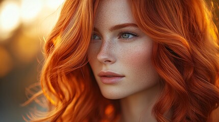 Fototapeta premium Profile of a woman with flowing red hair in soft light