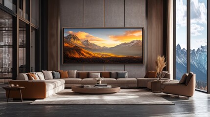Modern Living Room with Mountain View Artwork and Large Windows