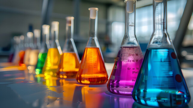 laboratory test tubes with liquid, chemical laboratory titration with colorful conical flask test tubes. 