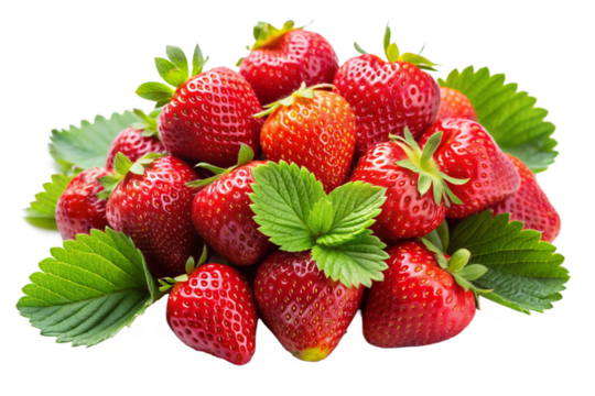 High-Resolution Ripe Strawberries with Leaves on Transparent Background for Food Design
