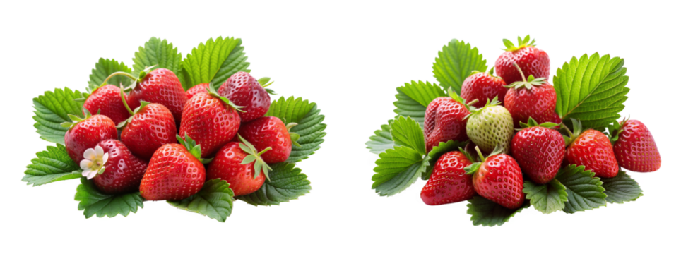 High-Resolution Ripe Strawberries with Leaves on Transparent Background for Food Design
