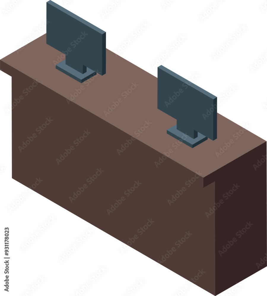 Poster isometric illustration of a bank teller counter with two computers